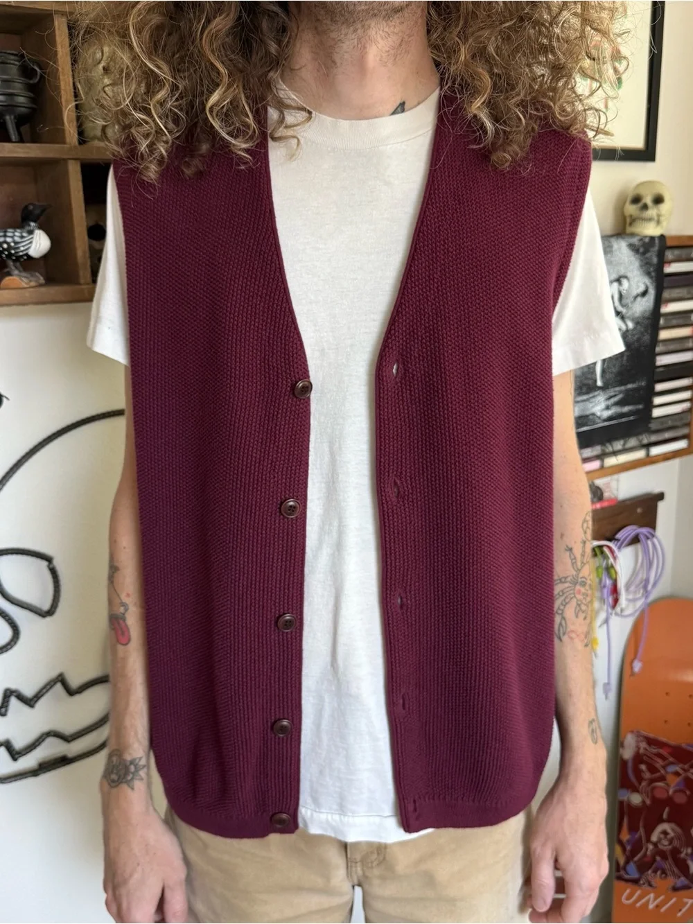 Vintage 90s Eddie Bauer AKA Burgundy Cotton Knit Sweater Vest ~ Size Large
